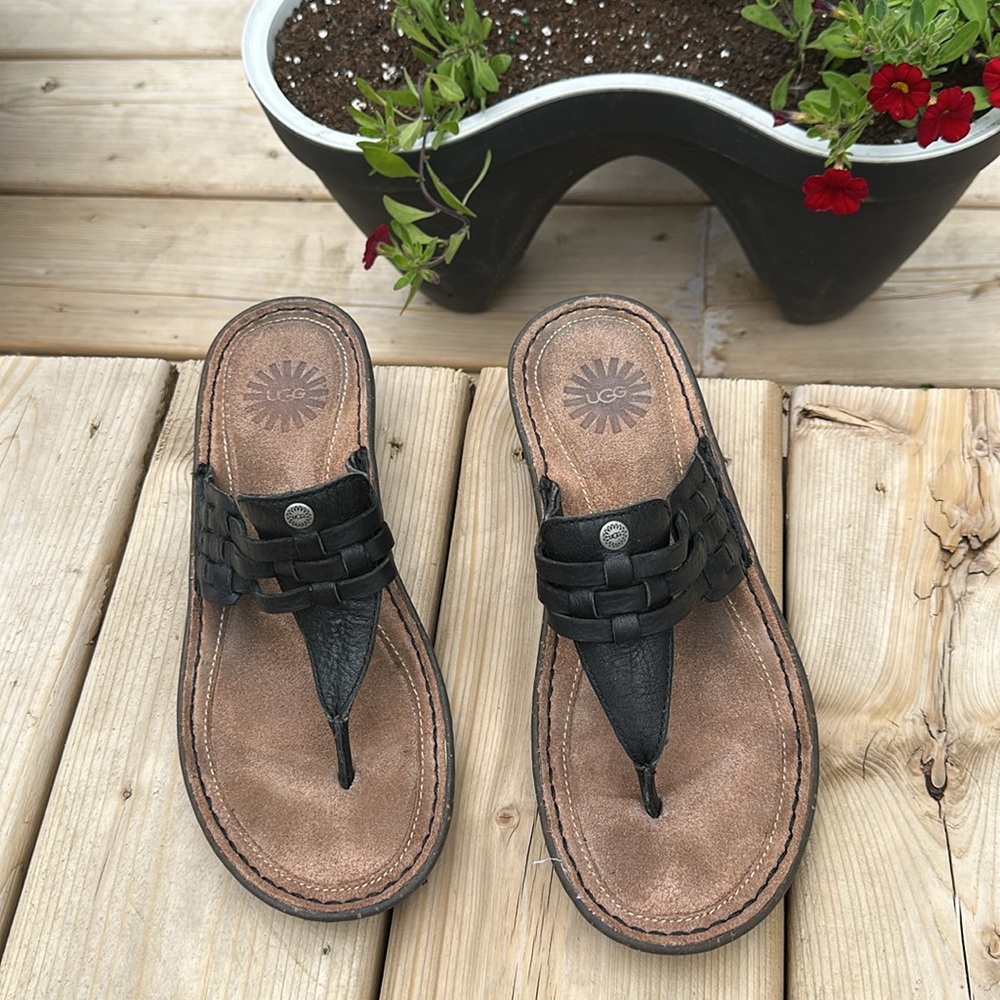 Sz 7 Ugg Jenaya Black Casual Leather Thong Sandals
